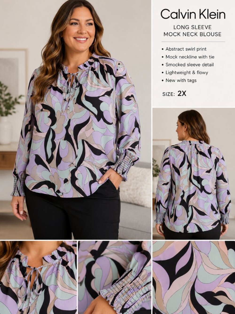 NWT Calvin Klein Abstract Swirl Print Smocked Sleeve Blouse 2X